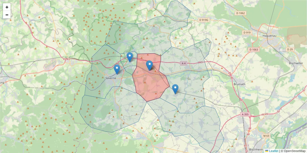 Carte de la zone du code postal  et des codes postaux voisins en France