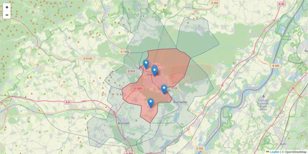 Carte de la zone du code postal  et des codes postaux voisins en France