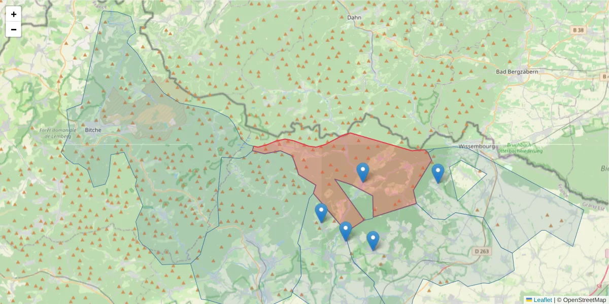 Carte de la zone du code postal  et des codes postaux voisins en France