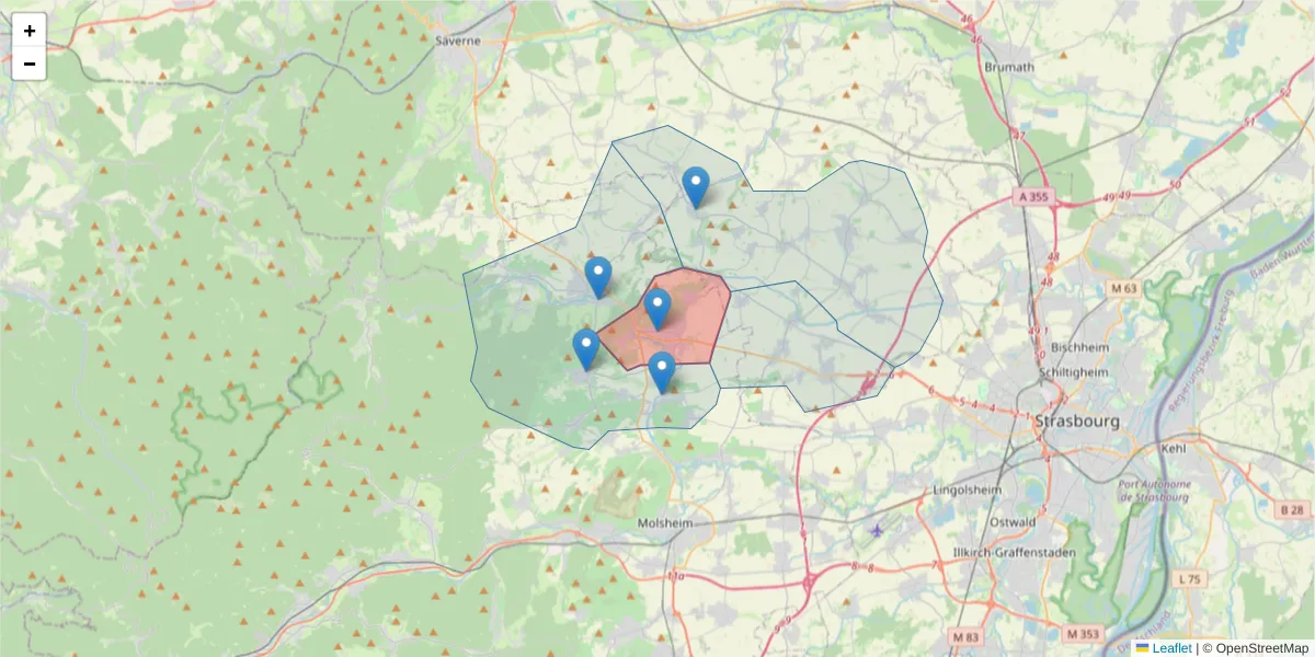 Carte de la zone du code postal  et des codes postaux voisins en France