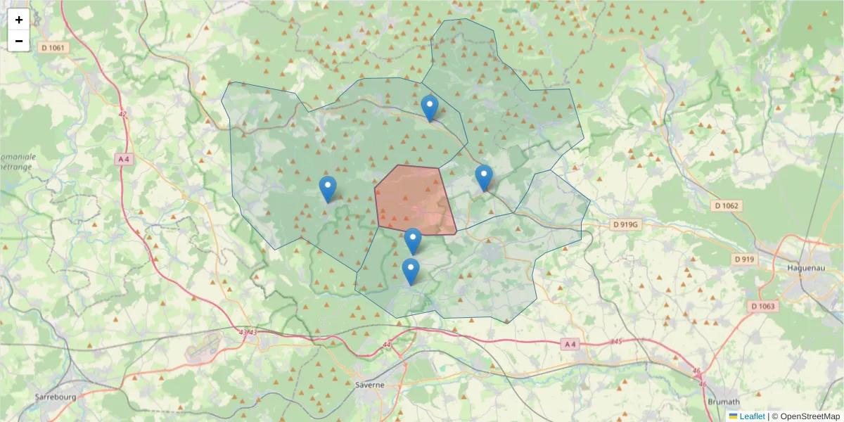 Carte de la zone du code postal  et des codes postaux voisins en France