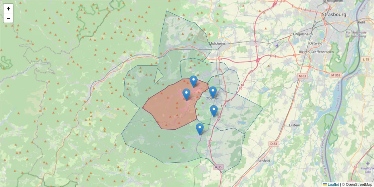 Carte de la zone du code postal  et des codes postaux voisins en France