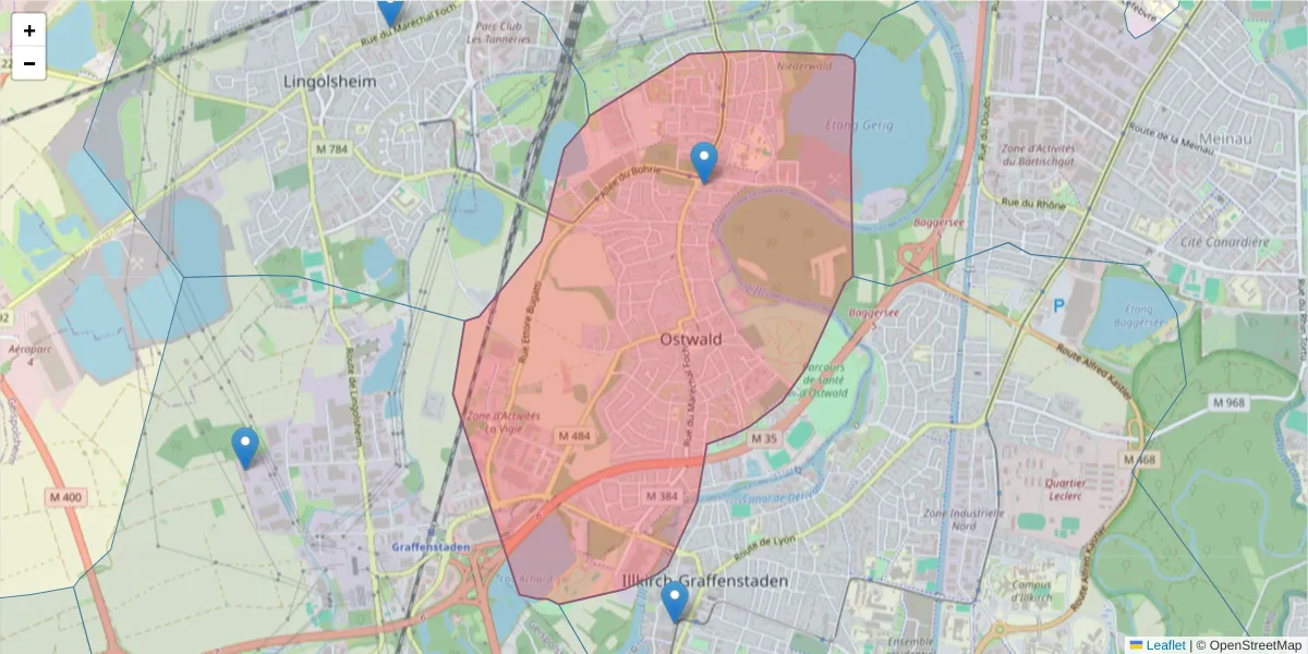 Carte de la zone du code postal  et des codes postaux voisins en France