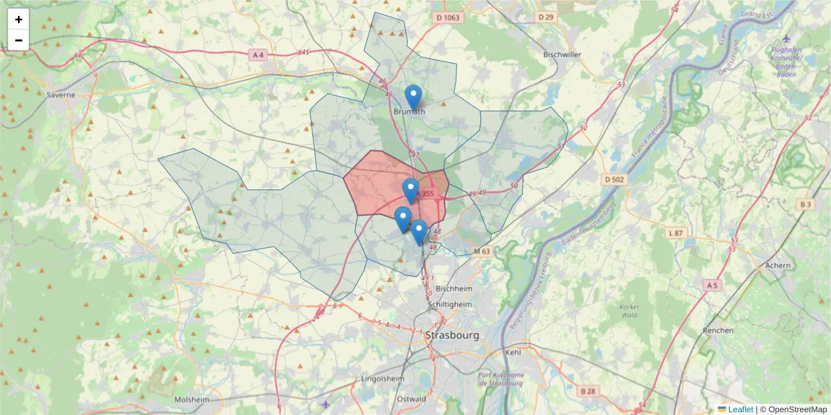 Carte de la zone du code postal  et des codes postaux voisins en France