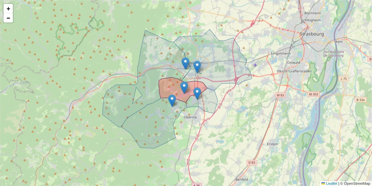 Carte de la zone du code postal  et des codes postaux voisins en France
