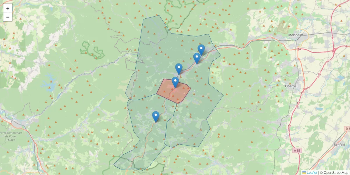 Carte de la zone du code postal  et des codes postaux voisins en France