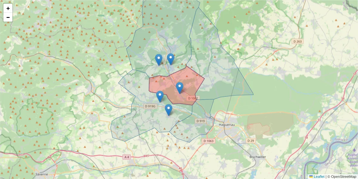 Carte de la zone du code postal  et des codes postaux voisins en France