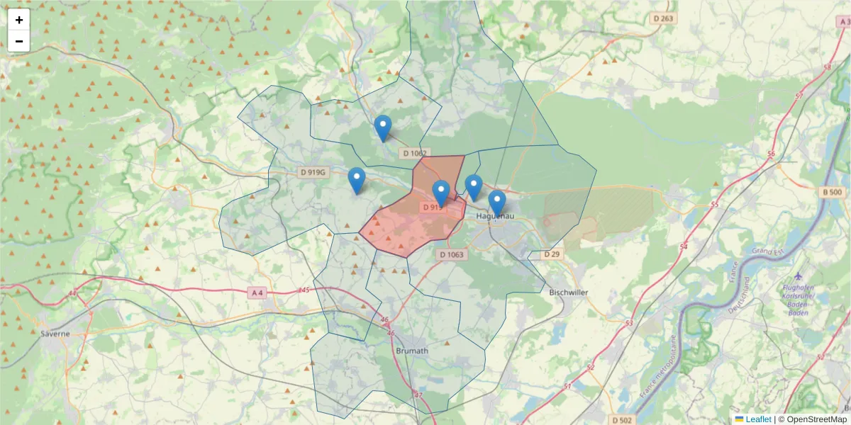 Carte de la zone du code postal  et des codes postaux voisins en France