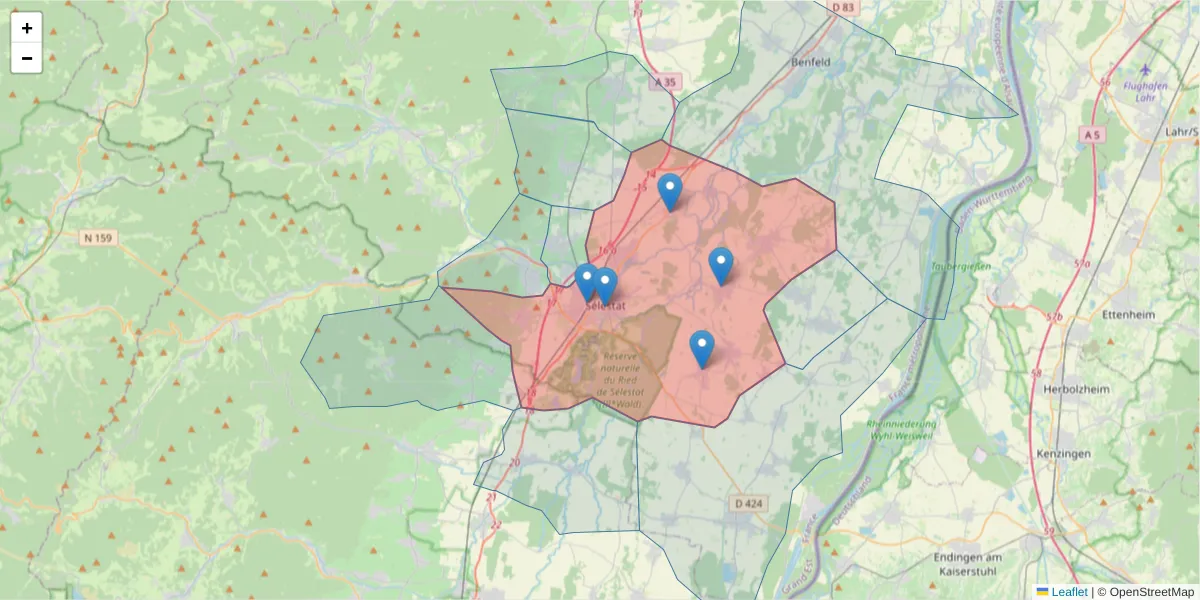 Carte de la zone du code postal  et des codes postaux voisins en France