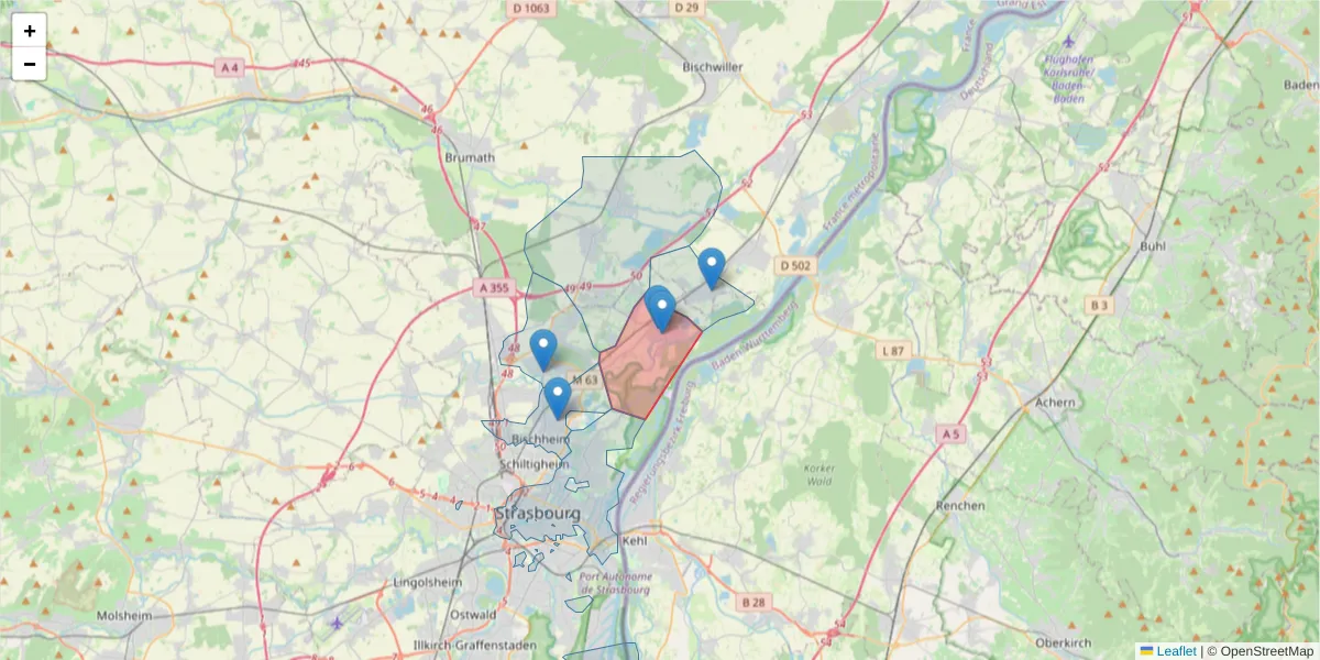 Carte de la zone du code postal  et des codes postaux voisins en France