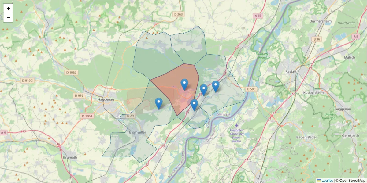 Carte de la zone du code postal  et des codes postaux voisins en France