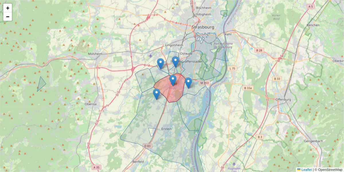 Carte de la zone du code postal  et des codes postaux voisins en France