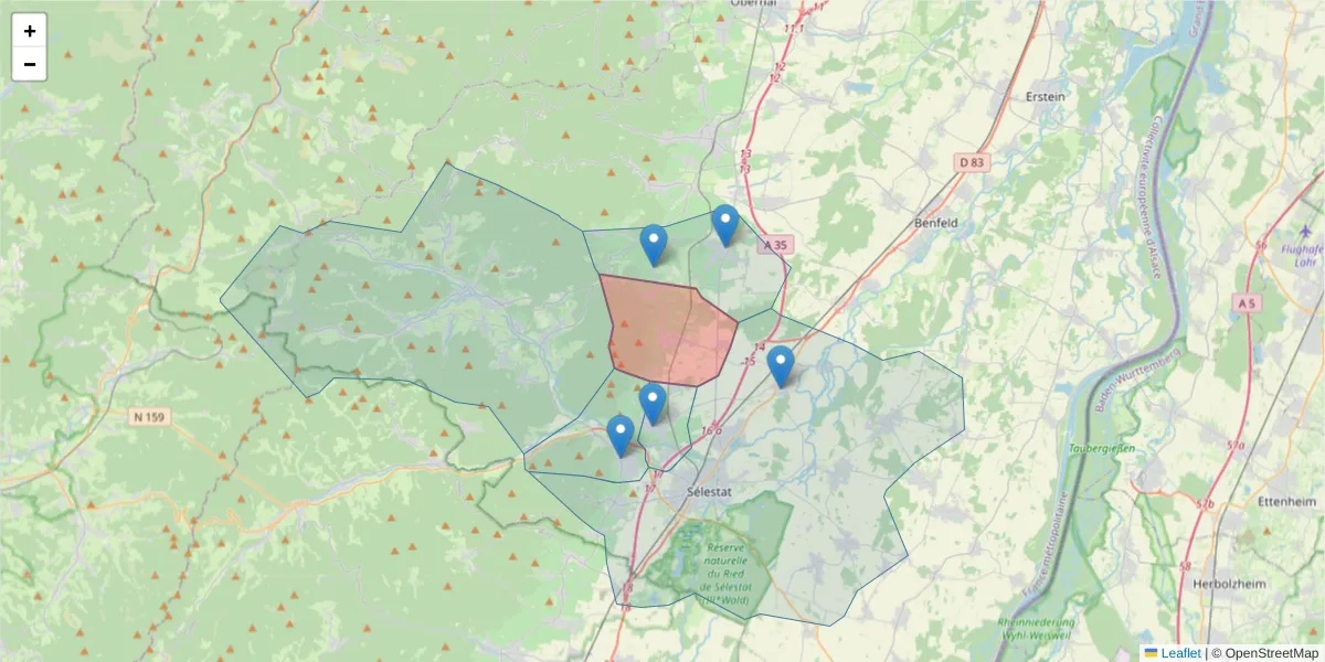 Carte de la zone du code postal  et des codes postaux voisins en France