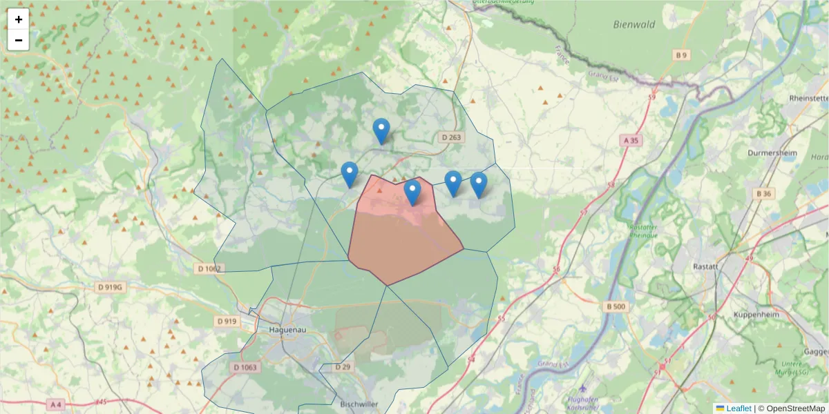 Carte de la zone du code postal  et des codes postaux voisins en France