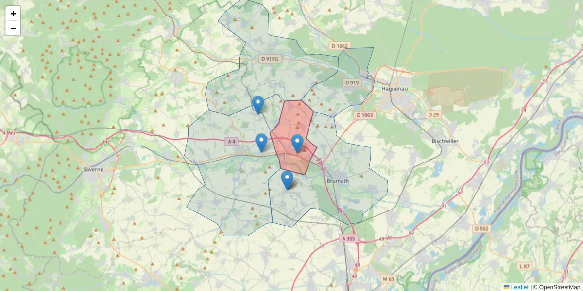Carte de la zone du code postal  et des codes postaux voisins en France