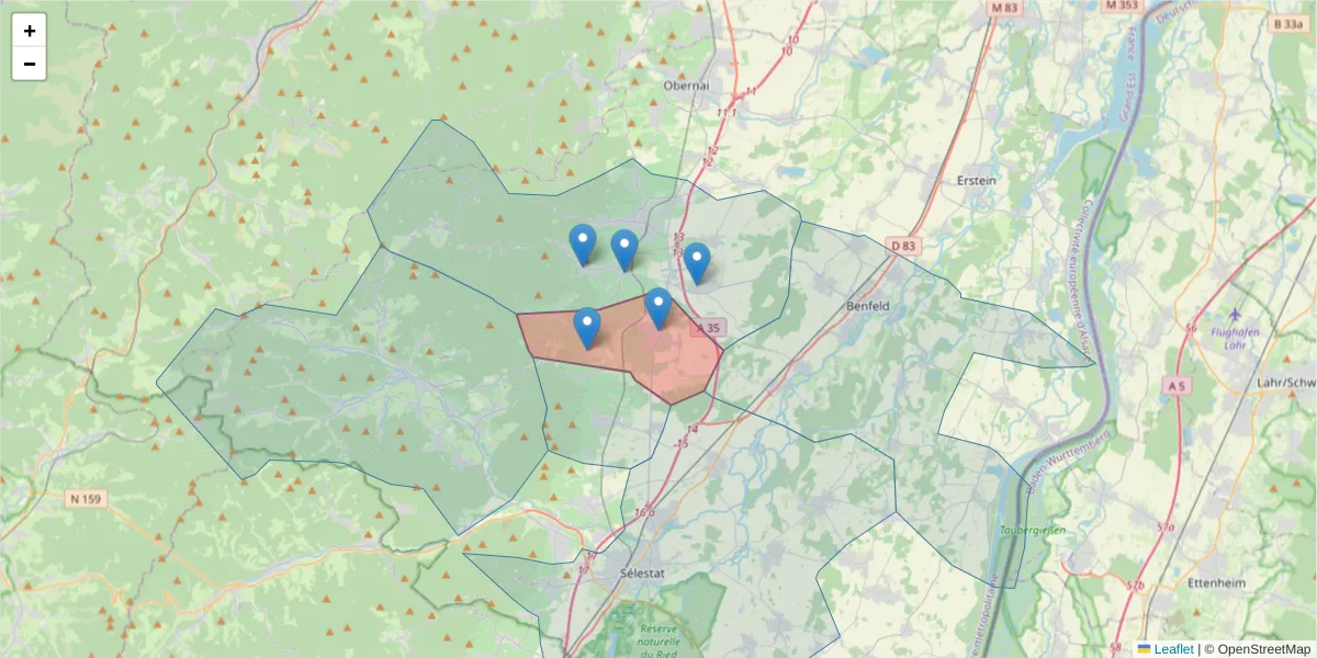 Carte de la zone du code postal  et des codes postaux voisins en France