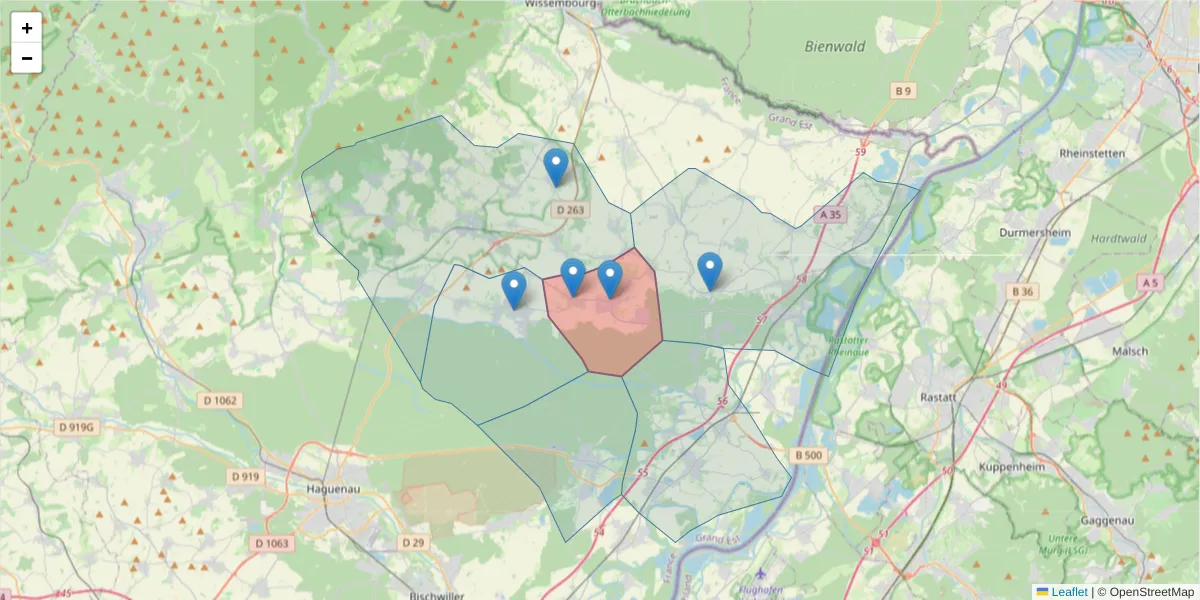 Carte de la zone du code postal  et des codes postaux voisins en France