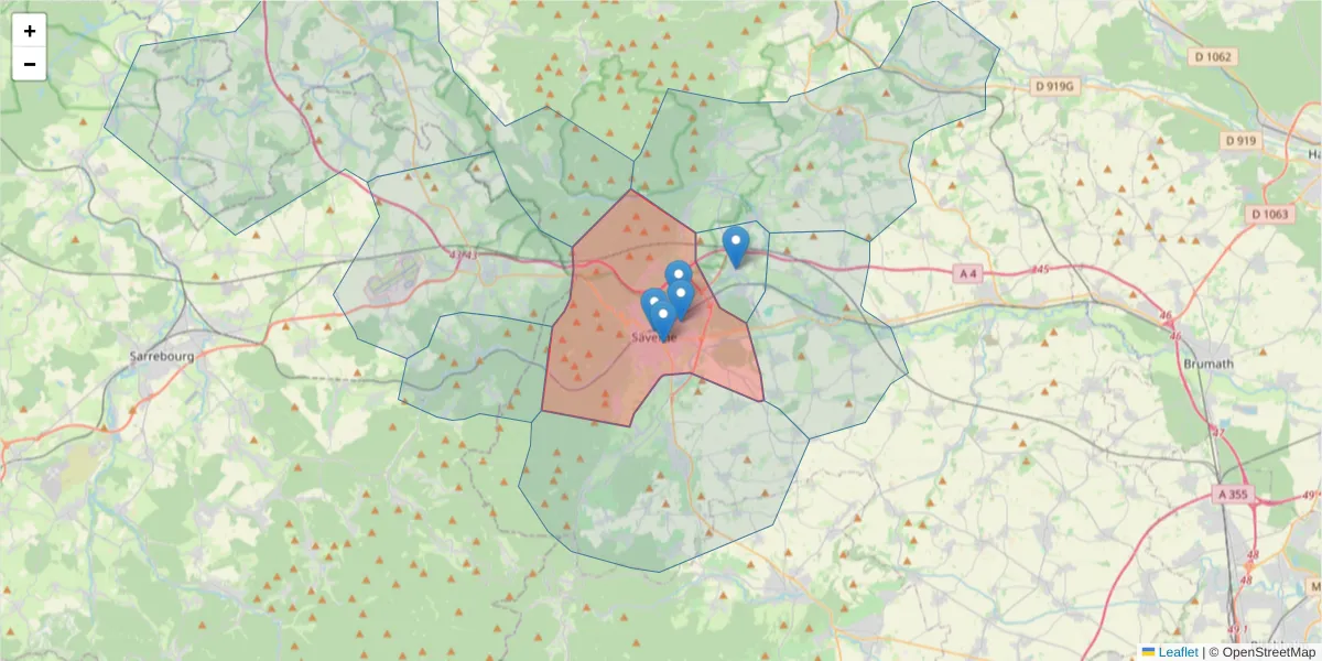 Carte de la zone du code postal  et des codes postaux voisins en France