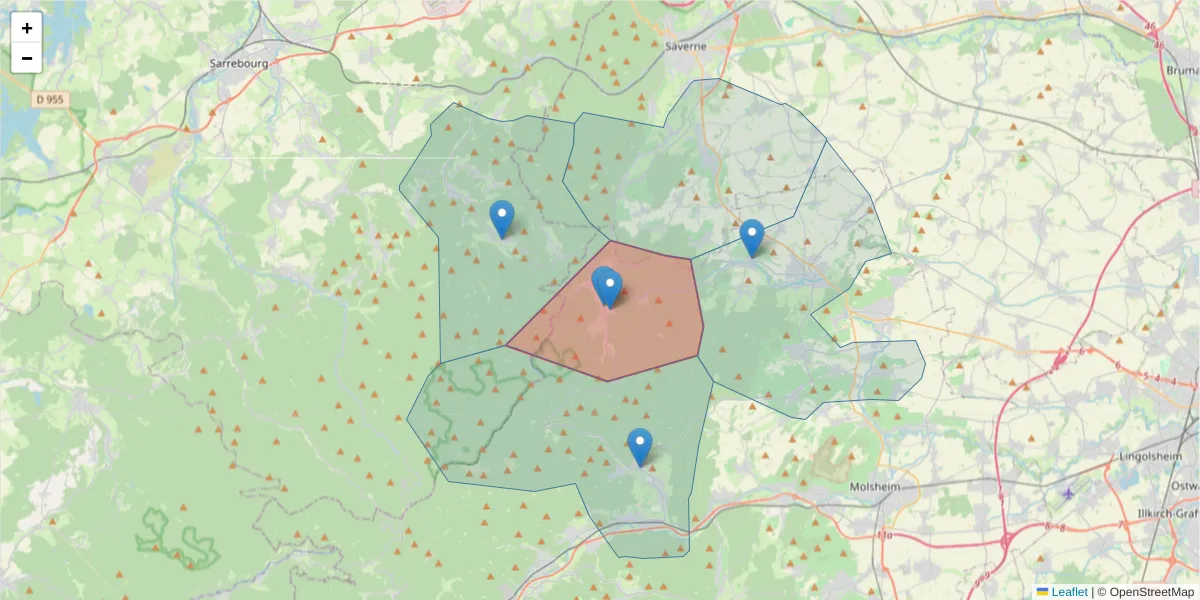 Carte de la zone du code postal  et des codes postaux voisins en France