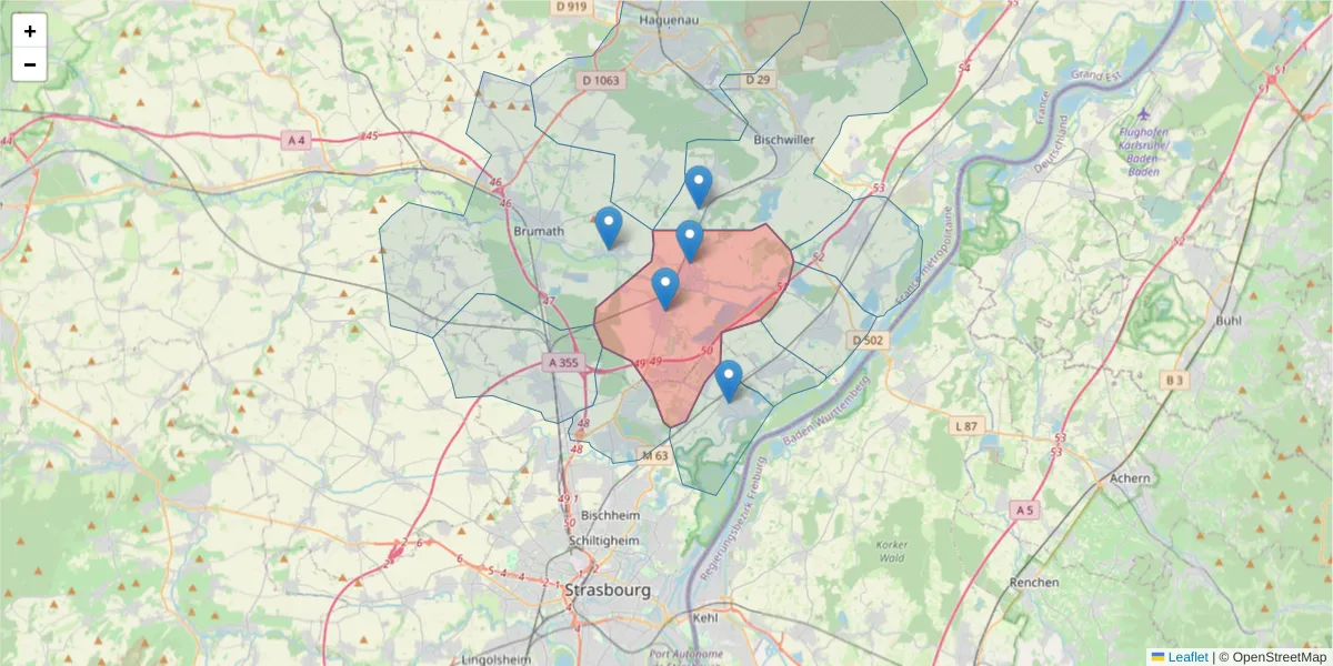 Carte de la zone du code postal  et des codes postaux voisins en France
