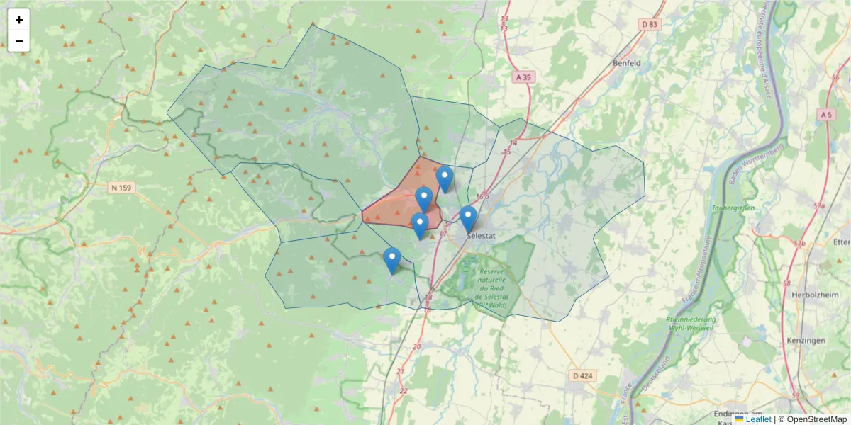 Carte de la zone du code postal  et des codes postaux voisins en France