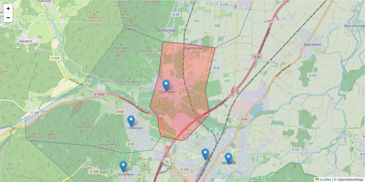 Carte de la zone du code postal  et des codes postaux voisins en France