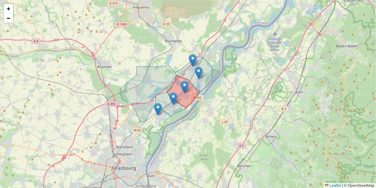 Carte de la zone du code postal  et des codes postaux voisins en France