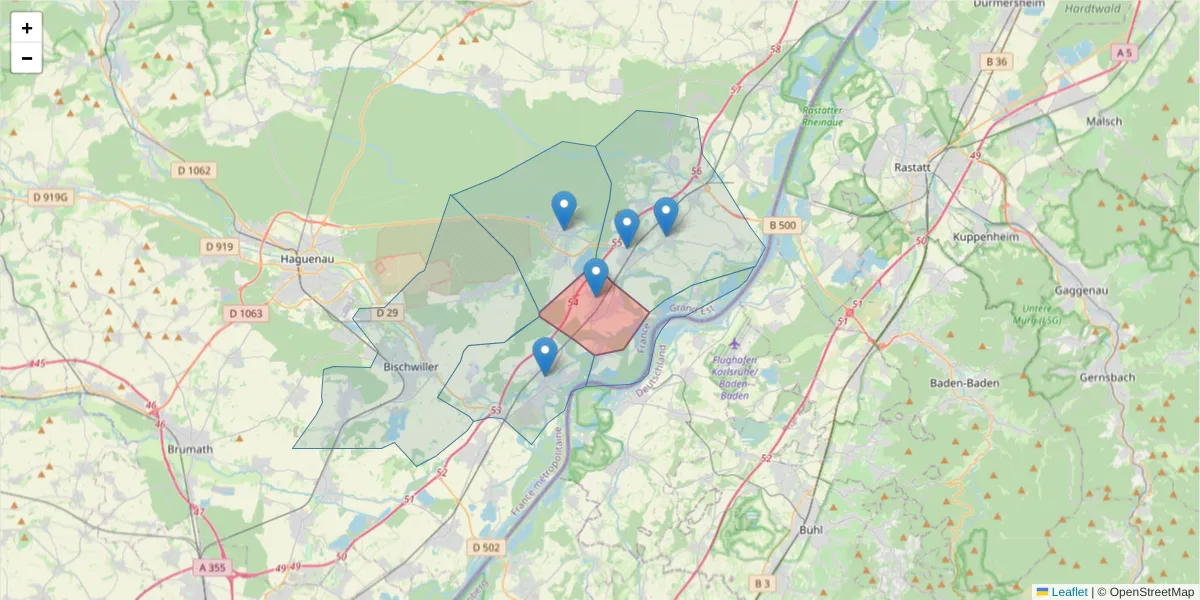 Carte de la zone du code postal  et des codes postaux voisins en France