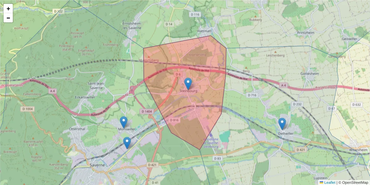 Carte de la zone du code postal  et des codes postaux voisins en France