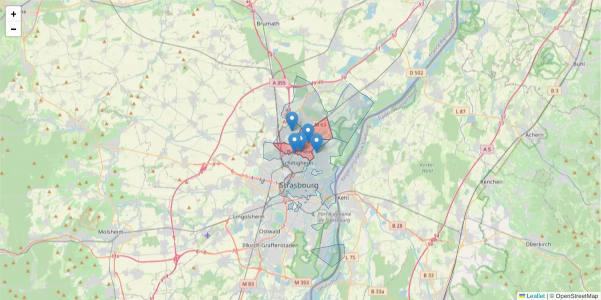 Carte de la zone du code postal  et des codes postaux voisins en France