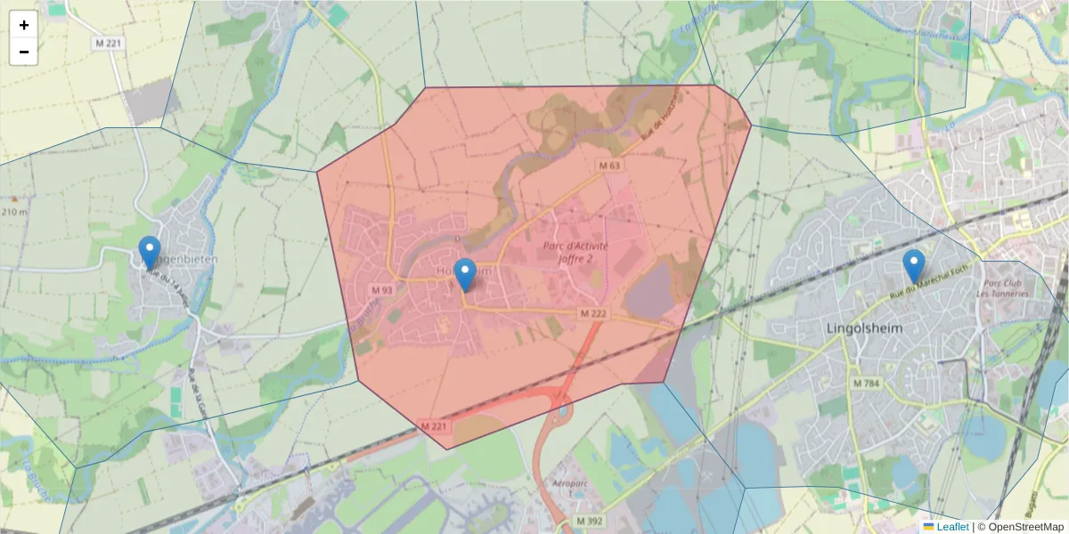 Carte de la zone du code postal  et des codes postaux voisins en France