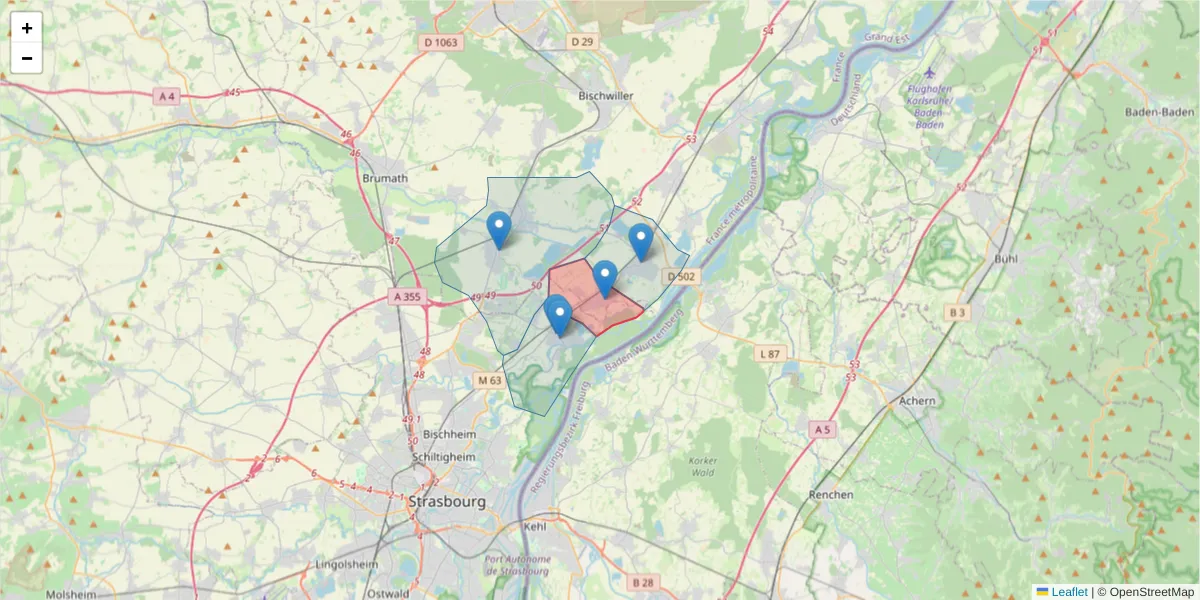 Carte de la zone du code postal  et des codes postaux voisins en France