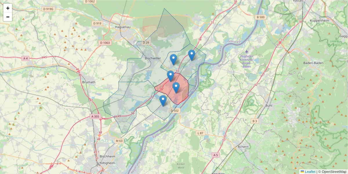 Carte de la zone du code postal  et des codes postaux voisins en France