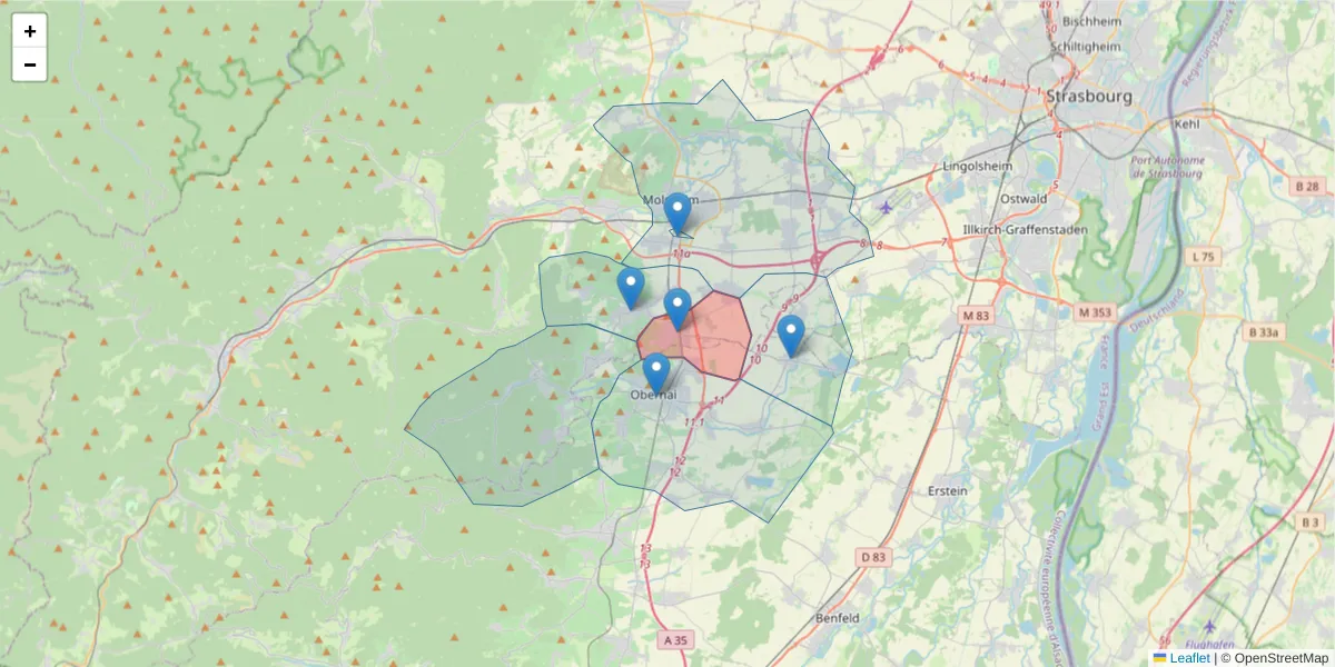 Carte de la zone du code postal  et des codes postaux voisins en France