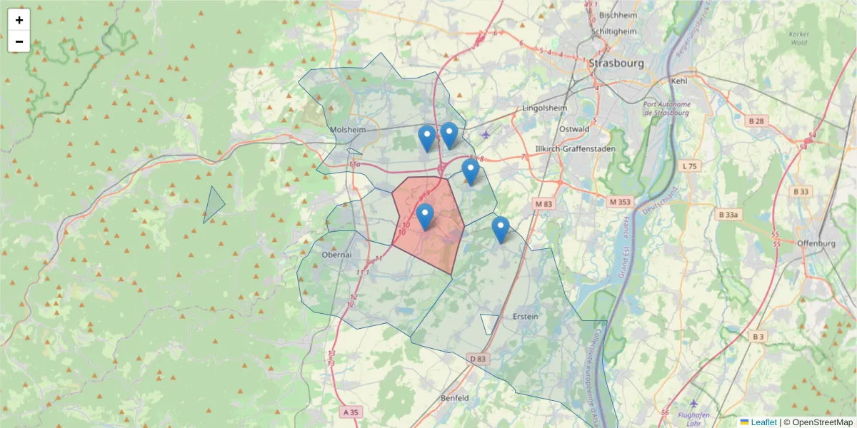 Carte de la zone du code postal  et des codes postaux voisins en France