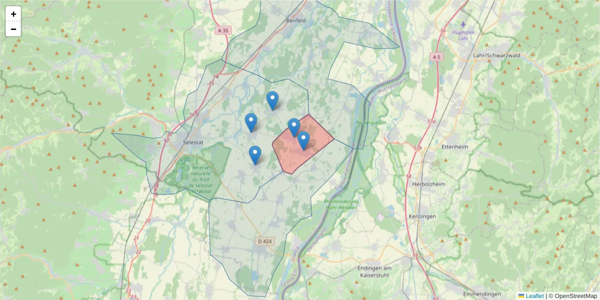 Carte de la zone du code postal  et des codes postaux voisins en France