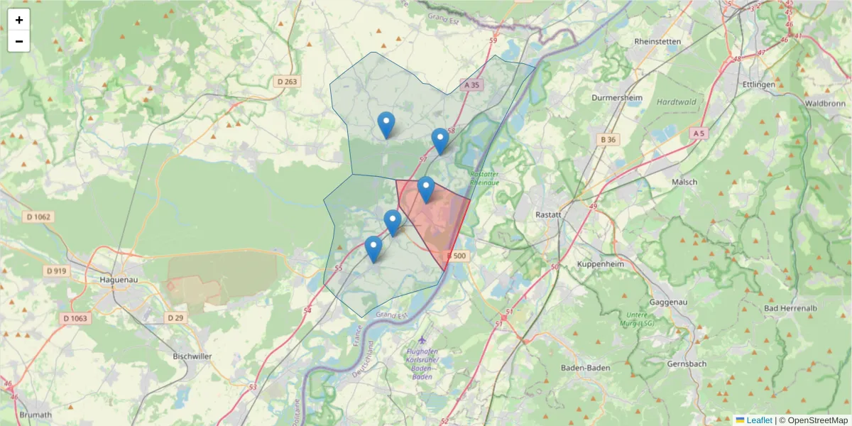 Carte de la zone du code postal  et des codes postaux voisins en France