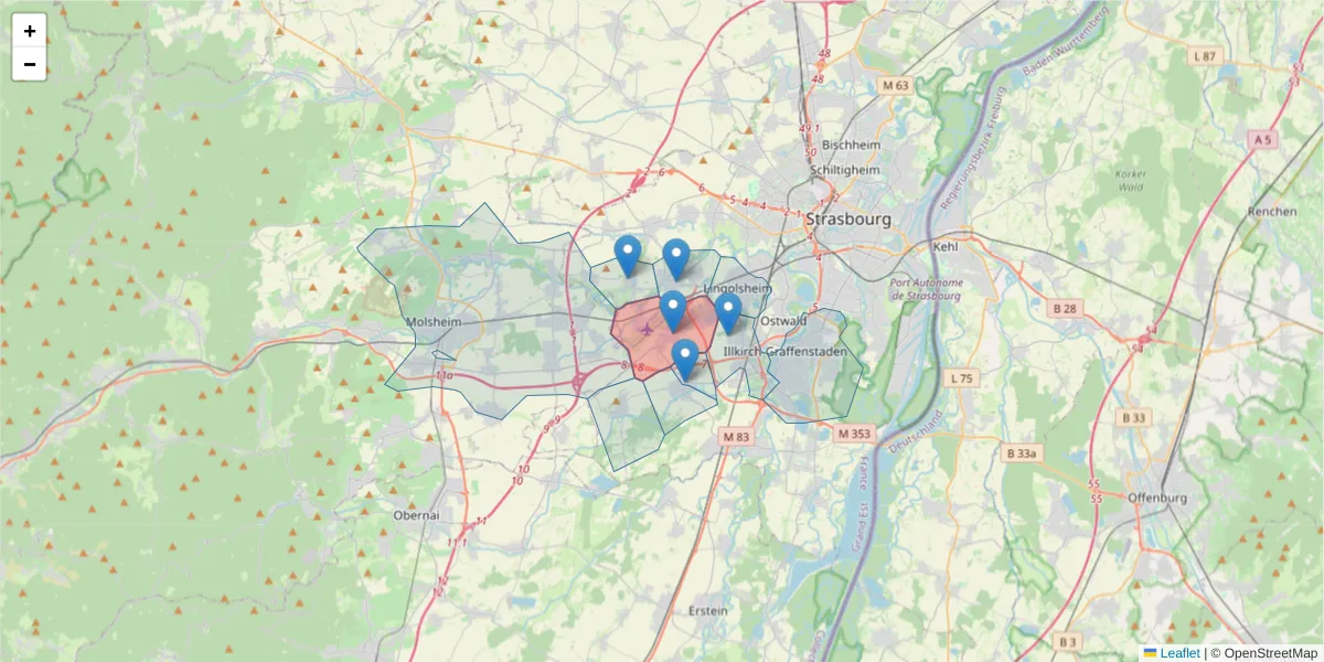 Carte de la zone du code postal  et des codes postaux voisins en France