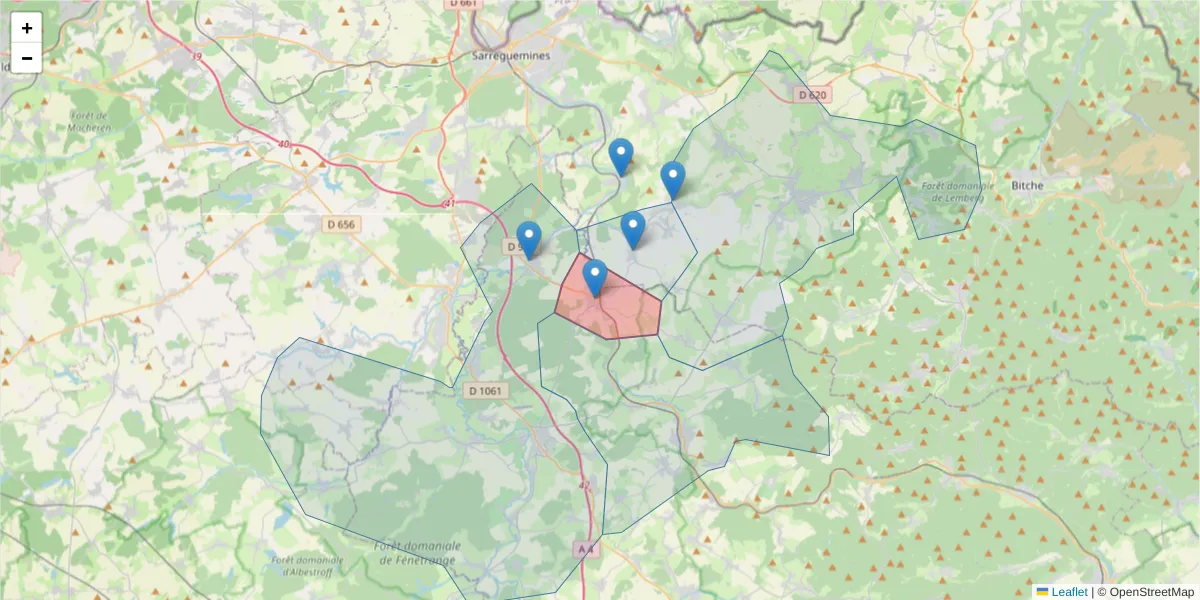 Carte de la zone du code postal  et des codes postaux voisins en France