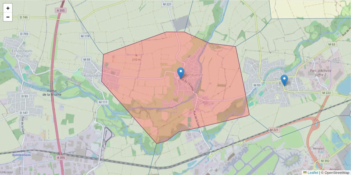 Carte de la zone du code postal  et des codes postaux voisins en France