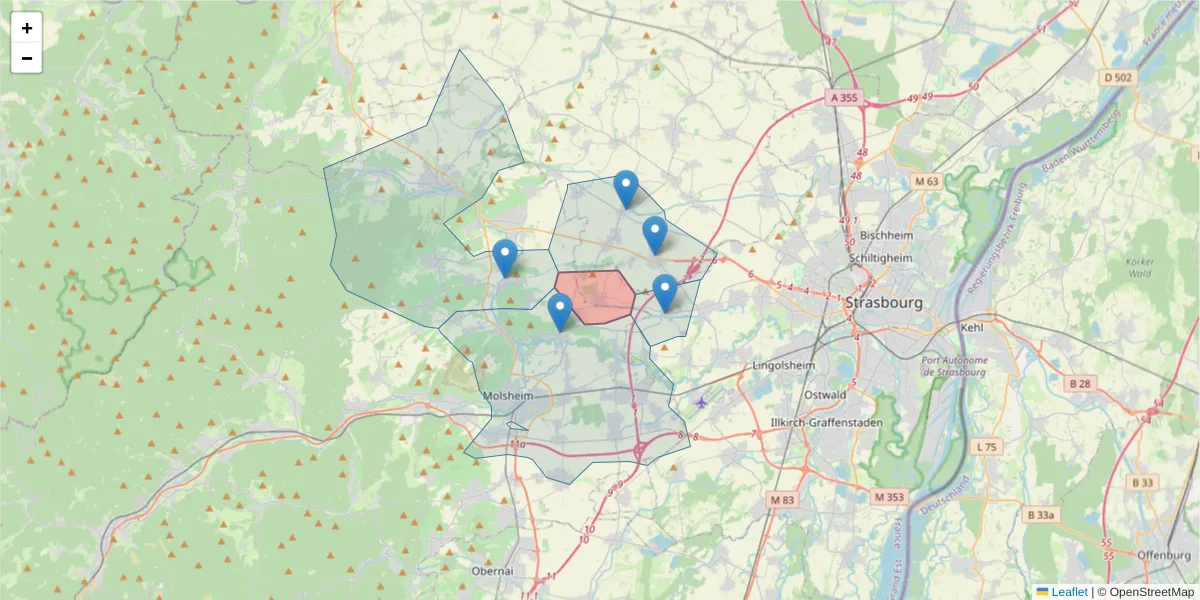 Carte de la zone du code postal  et des codes postaux voisins en France