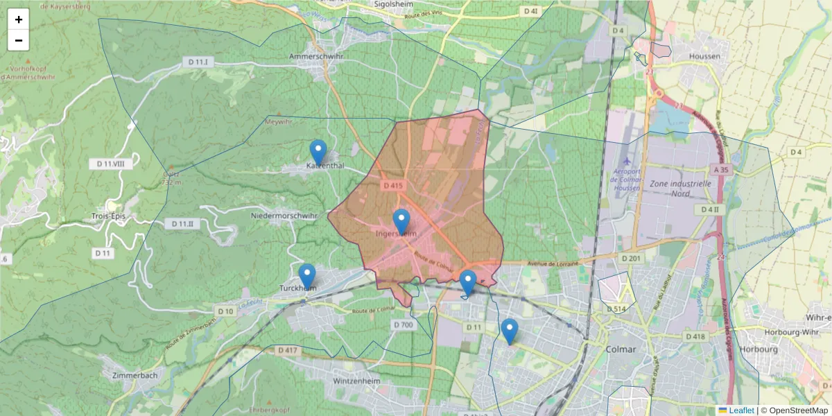 Carte de la zone du code postal  et des codes postaux voisins en France