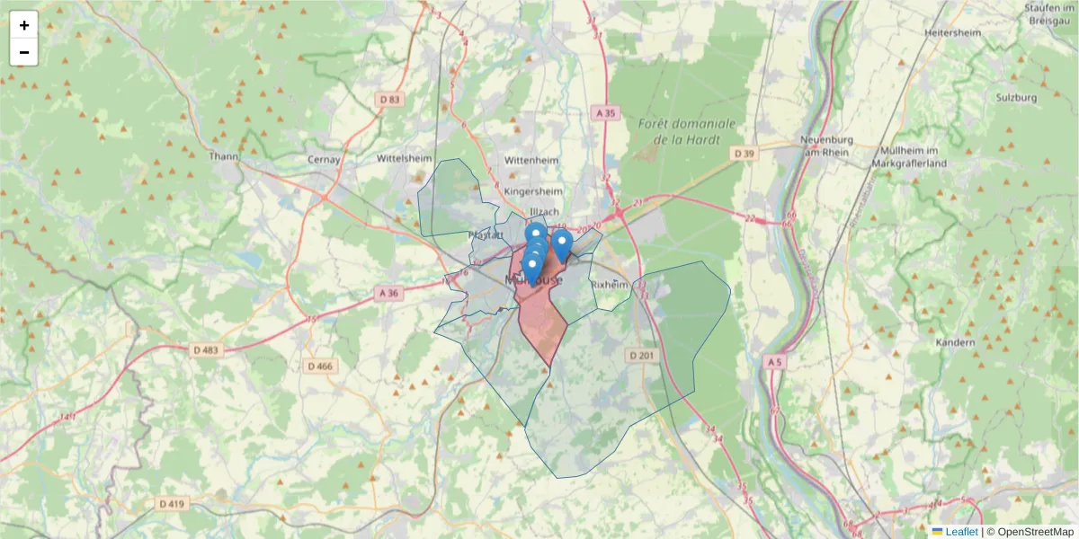 Carte de la zone du code postal  et des codes postaux voisins en France