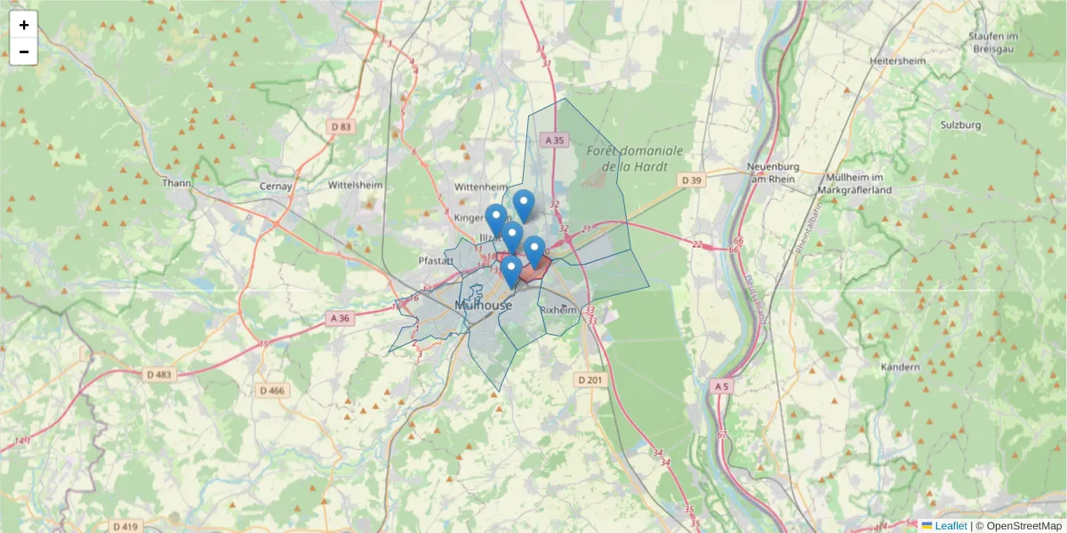 Carte de la zone du code postal  et des codes postaux voisins en France