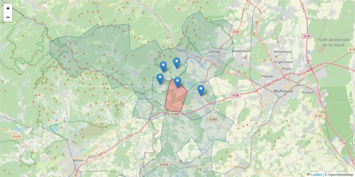 Carte de la zone du code postal  et des codes postaux voisins en France