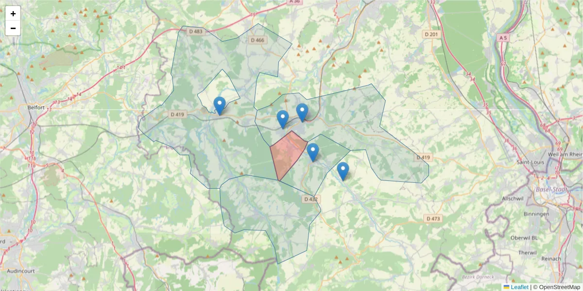 Carte de la zone du code postal  et des codes postaux voisins en France