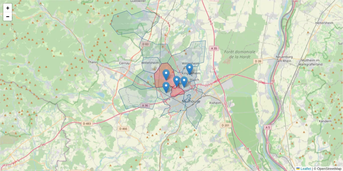 Carte de la zone du code postal  et des codes postaux voisins en France