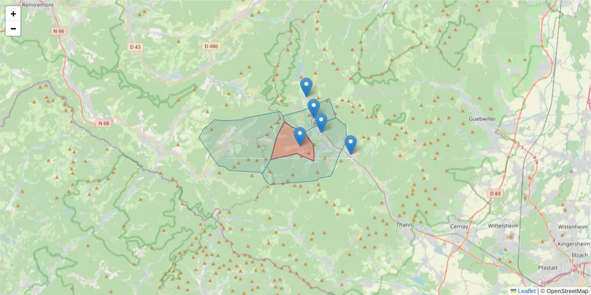 Carte de la zone du code postal  et des codes postaux voisins en France