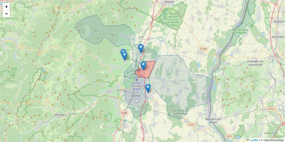 Carte de la zone du code postal  et des codes postaux voisins en France
