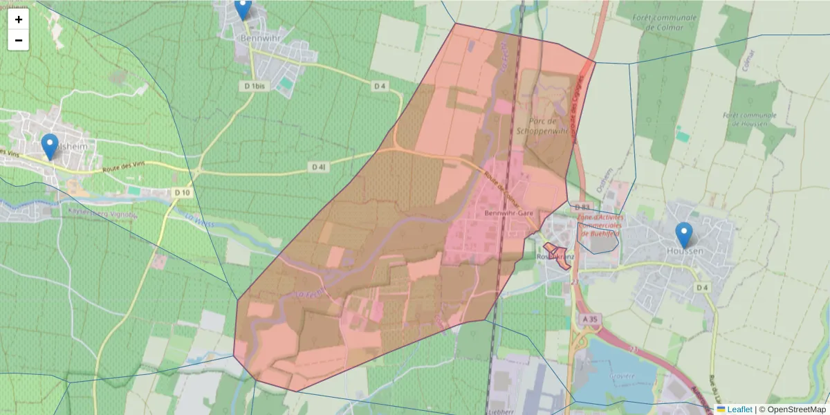 Carte de la zone du code postal  et des codes postaux voisins en France